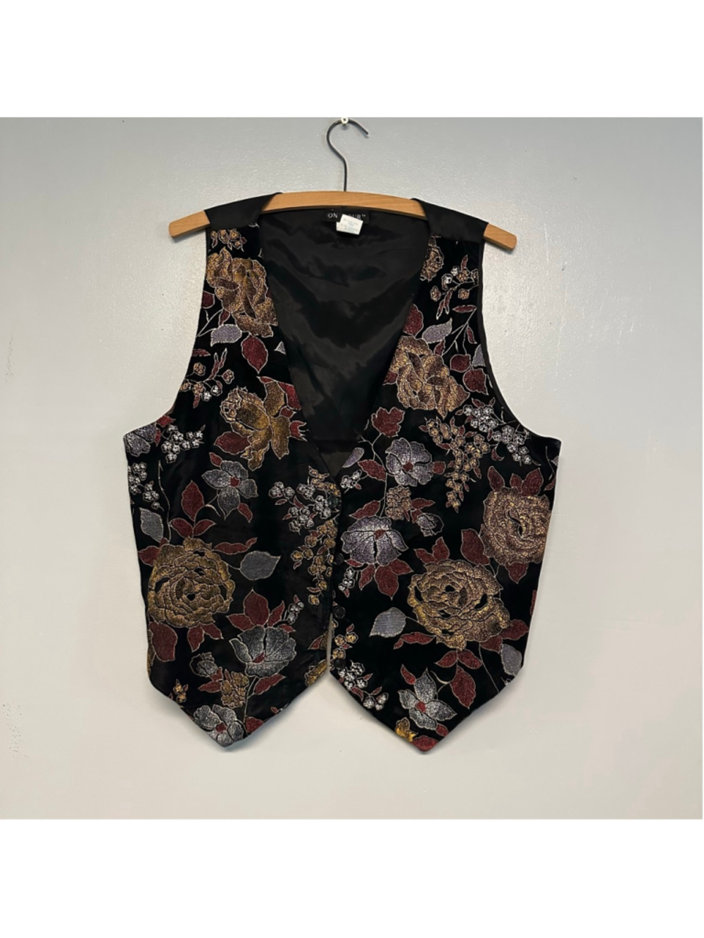 Vintage ON TOUR Black Gold Floral Brocade Vest size large velvet